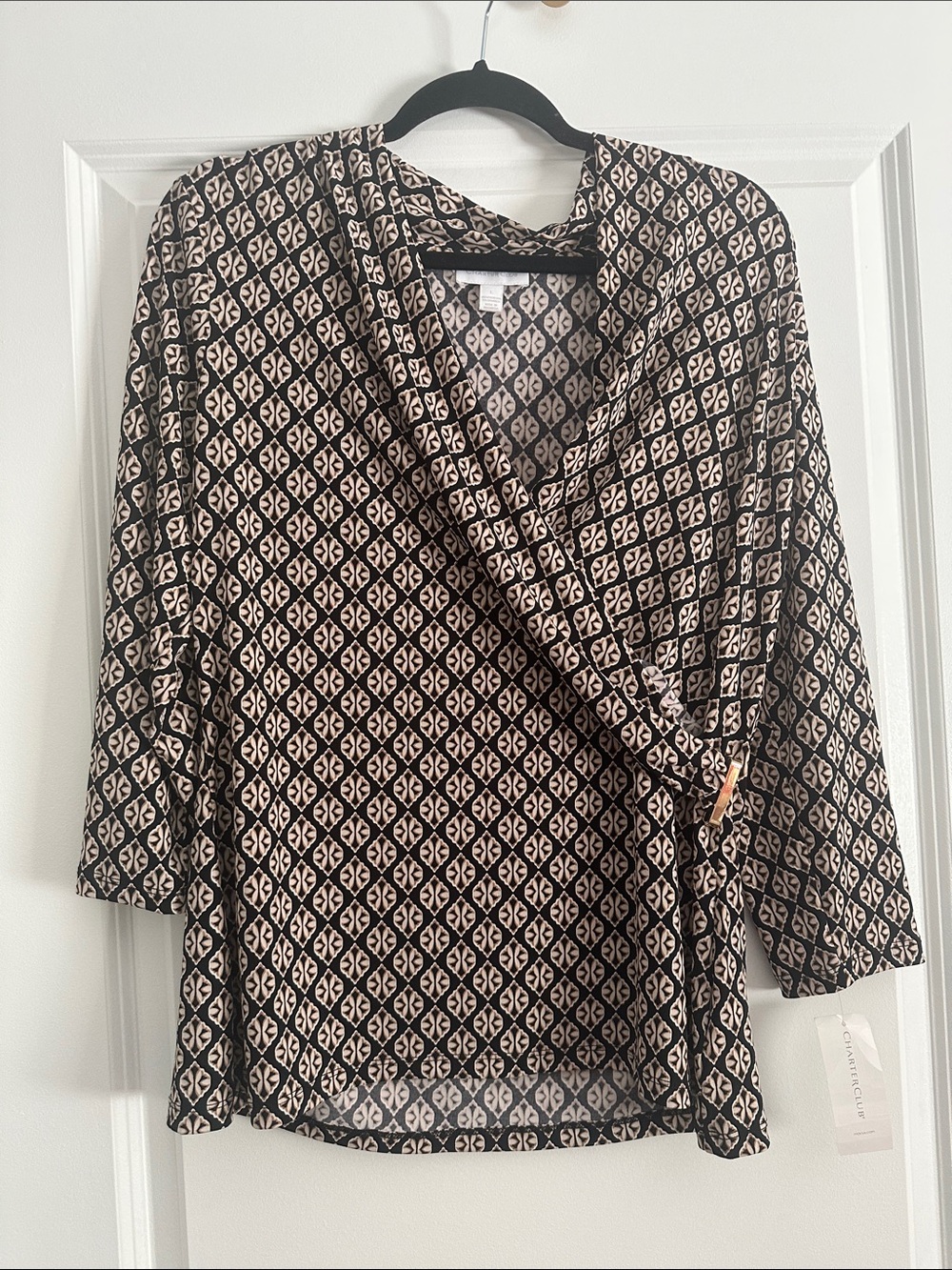 Charter Club Black and Cream Geometric Wrap Tunic